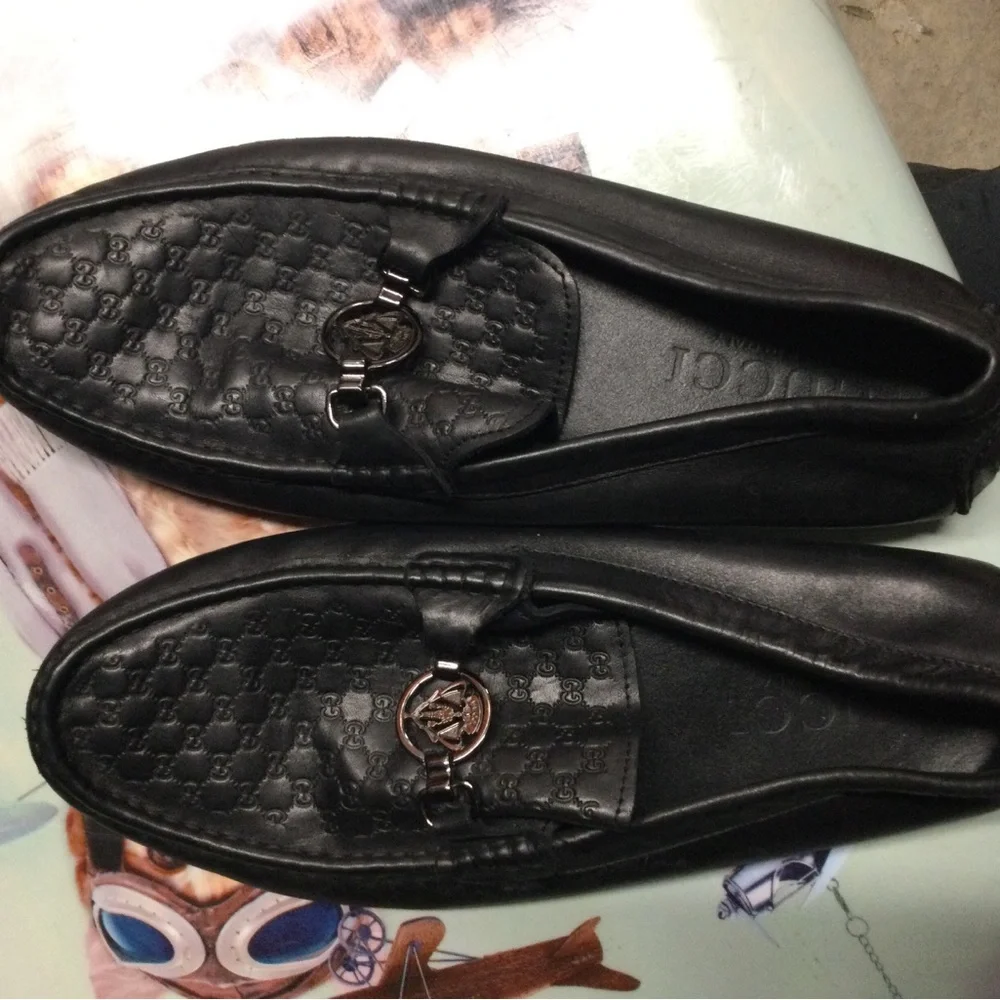 Gucci Black Leather Embossed GG Horsebit Loafers